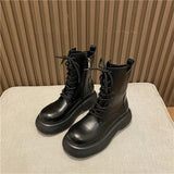 Women Shoes PU Leather Round Toe Flat Platform Ladies Boots Lace Up Zipper Boots Mid-Calf Boots Autumn Black Beige