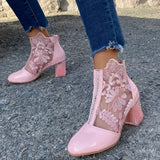 2021 New Woman Mesh Black Ankle Boots for Women Summer Square Heels Boots Sandal Ladies Round Toe Lace