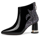 Quality Women's Boots 2023 Shiny Sequined Ladies High Heels Sexy Pointed Ankle Boots Comfor Chunky Heel Office Female