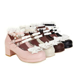 Lolita Shoes Women Low Round with T Straps White Bow Cute Girls Princess Tea Party Shoes Students Lovely Pumps Size