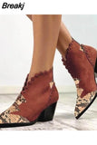 Fashion Women's Autumn and Winter Lace PU Leather Cowboy Ankle Boots Rivets Women's High Heels Ankle Boots Snake