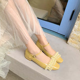 Spring Autumn Full Real Leather Sweet Lolita Shoes Square Toe Ruffles Pearls Buckle Strap Chuncky Heels Elegant Party