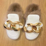 Fur Slippers Loafer Chunky Golden Chains Women Leather Ladies Kopmkp Luxury Mule Sandal Indoor Winter House Shoes Zapato