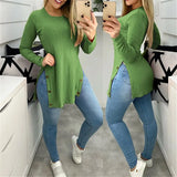 New Autumn Casual Long Sleeve Tops 2022 Spring Women Elegant O Neck Rib Blouse Fashion Sexy Side Slit Button Long Shirt