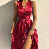 2022 Women Party Dress Celmia Sexy V Neck Elastic Waist Satin Long Vestidos Elegant Sleeveless Blackless Clubbing Midi