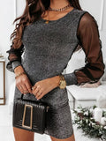 Office Lady See-through Mesh Gauze Sleeve Dress Popular Fashion Shiny Silver Silk Party Dress New Women Elegant Solid Slim
