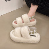 Slippers Female 2024 Autumn Winter New Large Size Elastic Belt Home One Word Plush Slippers