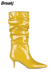 Women Mid-Calf Boots Sexy Solid Color Leather Folds Boots Pointed Toe Thin Heels Stiletto Party Shoes Large Size