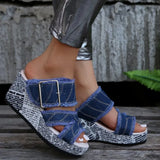 Breakj One-Word With Buckle High-Heeled Slippers Women's Slopes And Thick-Bottomed Cloth Beach Cold