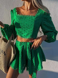 Fashion Puff Sleeve Top Lace-Up Shorts Suit Summer Elegant Solid Lace Split Suit Women Short Waist Top Loose Shorts