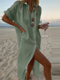 Spring Solid Color Cotton Linen Dress Women 2022 Elegant Casual Party Summer Dress New Lapel Button Split Mid Length Shirt