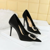 Breakj Fashion Banquet High Heels Fine Heel Shallow Pointed Satin Metal Water Diamond Buckle Single Shoe