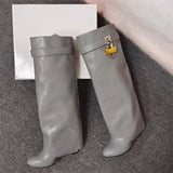 Buckle Women High Knee Boots Large Size High Heels Designer Shoes British Style Denim Wedges Knight Boots For Women