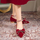 Pointed Toe Bride Shoes for Wedding 2023 Luxury Pearls Ankle Strap Flock Pumps Woman Bowknot Sqaure Heels Party Shoes
