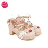 Japanese Lolita Mary Janes Shoes Princess Pink Ankle Strap Bowtie Strawberry Ruffles Wedding Cosplay Uniform Pumps Plus Size