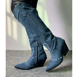 New Style Denim Boots For Women's High Boots Crystal Fringe Chunky Heels Luxury Shoes Retro Ladies Slip-on Chelsea