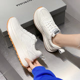 Leather Women Shoes Platform Sneakers Ladies Lace-up Casual Shoes Breathable Walking Shoes White Flat Girl