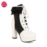 Kawaii Chunky High Heels Lolita Ankle Boots Womens Office Party Lace Up Brogues Platform Shoes Cosplay Motorcycle Snow