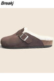 Women's Slippers 2023 Autumn Winter Leather Round Toe Slippers Couple Slippers Outdoor Casual Keep Warm Women Suede Slides