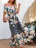 2022 New Printed Casual Loose Beach Women Dress Summer Office Ladies Chic Dress Sexy Off Shoulder Ruffle Slim Waist Long