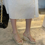 Shoes for Women Luxury Sandals 2023 Summer High Heels Clogs Wedge Suit Female Beige Buckle Strap Fashion High-heeled
