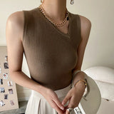 Slim Tank Tops For Women Skew Collar Sleeveless Solid Minimalist Knitting Vests Female Clothing Style 2022