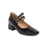 EDEELVEEYS Spring Summer Women Shoes Patent Leather Mary Janes Buckle Square Toe School Pumps Lady Red Black Yellow Pus Size