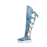 Women Roman Hollow Pinch High Tube Sandals Straps Wedge Heel Casual Large Size Female Denim Jeans Over The Knee Tong Toe
