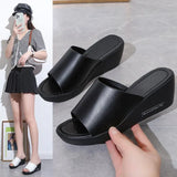 Breakj Summer New Slope And Fish Mouth Thick Bottom Cake Word PU Leather Cool Slippers High-Heeled Slippers