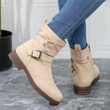 Velvet Flat-Bottomed Short-Spin Women Retro Side Zipper Belt Buckle High-Gang