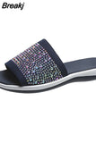 Size Outdoor Slippers Women's 2023 New Summer Rhinestone Mesh Flat Sandals Slippers Soft Bottom Closed Toe Casual