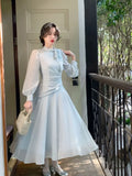 One Piece Dress Korean Fashion 2023 Spring Long Sleeve Elegant Midi Dress Woman Casual Solid Even Party Dress Office