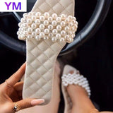 Pink 2021 Pearl Women Sandals Slippers Square Toe Slides Summer Fashion Design Ladies Size 35-43 Zapatillas Mujer Casa