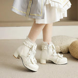 EDEELVEEYS Sweet Bowknot Ruffles Med Heels Shoelace Gothic Lolita Style Ankle Boots Japanese Harajuku Women Shoes Big Size