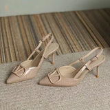 Breakj 2025 Spring And Summer Light-Mouthed Fashion Shoes Large-Size Pointed Sandals V Buckle Naked Color Fine Heels High Heels