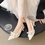 Breakj New Lace Heels Women Gentle Fashion Back Empty Sandals Fairy Wind Bow Single