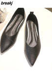 Black Soft PU Leather Shoes Women Larger Sizes 40 Ballet Flats Pointed Toe Shallow Mouth Slip-on Ladies Loafer