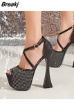 Thin Heels Club Queen Sandals 2023 Summer European Style Sexy Sandals Party Cutout Rhinestone Comfy Platform Lady