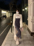 Autumn Turtleneck Solid Fashion Tops + Casual Strap Midi Dress Elegant Bodycon Dress Woman Korean Suit 2 Piece Dress