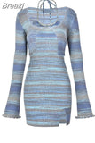 Autumn Knitted Suit Striped Crop Tops + Sexy Strap Y2k Mini Dress Woman Casual Retro Bodycon Dress Slim 2 Piece Dress