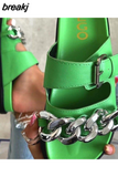 Summer Women Metal Chains Slipper Open Toe Runway Ladies Green Black White Med Heel Slides Shoes Peep Toe