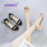 white Mid heel sandals women 2019Summer shoes Fashion Square heel Open toe sandals Fashion Concise Buckle Strap female