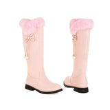 Winter Warm Women's Sweet Lolita Bowknot Boots Rabbit Fur Plush Booties Chuncky Heels Low Heel Knee High Boots Pearl