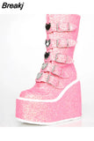 Design Gothic Style INS Hot Sale Great Quality Fashion Motorcycle Boots Big Size 34-50 Wedges Buckles Platform