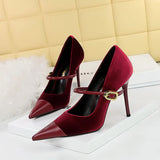 Breakj Banquet High Heels Fine Heel Shallow Pointed Top Xishi Suede Stitching Pointed Metal Buckle One Word Strip Single