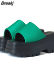 Dropship 2023 Summer Brand New Women Single Band Platform Sandals Black Nylon Chunky Platform Wedges Slipper