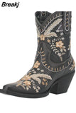 New 2023 Spring Autumn Western Boots With Flower Fashion Cowgirl Walking Comfy Woman Ankle Boot