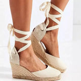 Breakj Summer New Large-Size Slopes And Women's Sandals Thick-Soled Buns Heel Heel Heel Tie Cloth Hemp Rope Sandals