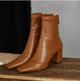 2020 simple PU women's boot back zipper square high heels solid pointed toe shoes party ball ankle boot black white