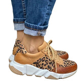 Women Autumn Leopard Thick-Soled Sneakers Stitching Lace-Up Sport Shoes Casual Ladies Vulcanized Wedges Tennis